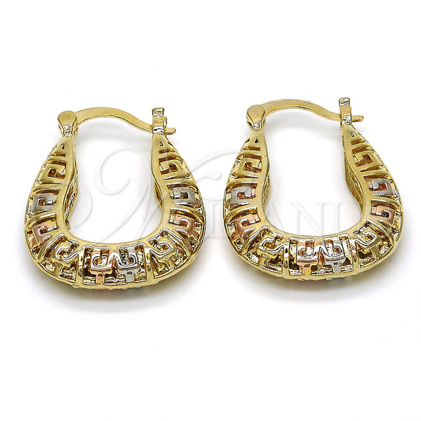 Gold Filled Hoop Earrings — Small Hoop Greek Key Design Polished Tricolor 02. — main product view — SKU 116273 | Oro Laminado aretes de aro — Small Hoop Greek Key diseño pulido Tricolor 02. — SKU 116273