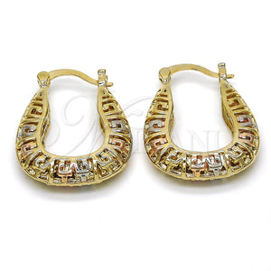 Gold Filled Hoop Earrings — Small Hoop Greek Key Design Polished Tricolor 02. — main product view — SKU 116273 | Oro Laminado aretes de aro — Small Hoop Greek Key diseño pulido Tricolor 02. — SKU 116273