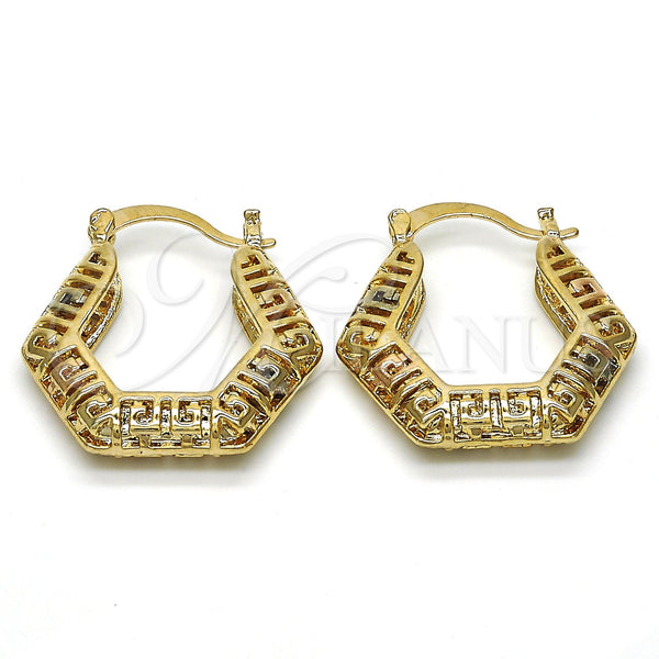 Gold Filled Hoop Earrings — Small Hoop Greek Key Design Polished Tricolor 02. — main product view — SKU 116278 | Oro Laminado aretes de aro — Small Hoop Greek Key diseño pulido Tricolor 02. — SKU 116278