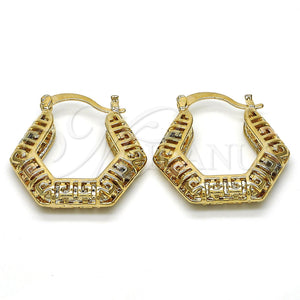 Gold Filled Hoop Earrings — Small Hoop Greek Key Design Polished Tricolor 02. — main product view — SKU 116278 | Oro Laminado aretes de aro — Small Hoop Greek Key diseño pulido Tricolor 02. — SKU 116278