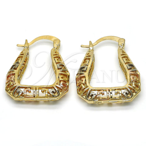 Oro Laminado Small Hoop, Gold Filled Style Greek Key Design, Polished, Tricolor, 02.102.0024.25