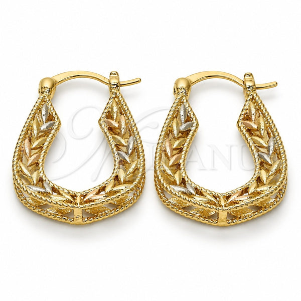 Oro Laminado Small Hoop, Gold Filled Style Leaf Design, Polished, Tricolor, 02.102.0030.20
