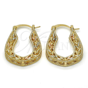 Gold Filled Hoop Earrings — Small Hoop Leaf Design Polished Tricolor 02. — main product view — SKU 116283 | Oro Laminado aretes de aro — Small Hoop Leaf diseño pulido Tricolor 02. — SKU 116283