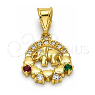 Oro Laminado Fancy Pendant, Gold Filled Style Elephant and Heart Design, with Multicolor Cubic Zirconia, Polished, Golden Finish, 05.253.0012