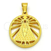 Stainless Steel Religious Pendant, Caridad del Cobre and Cross Design, Polished, Golden Finish, 05.302.0002