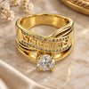 Oro Laminado Multi Stone Ring, Gold Filled Style Greek Key Design, with White Cubic Zirconia, Polished, Golden Finish, 01.118.0070.07 (Size 7)