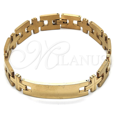 Stainless Steel Solid Bracelet, Cross Design, Polished, Golden Finish, 03.114.0229.2.09 (12 MM Thickness, 9 Inches Length)