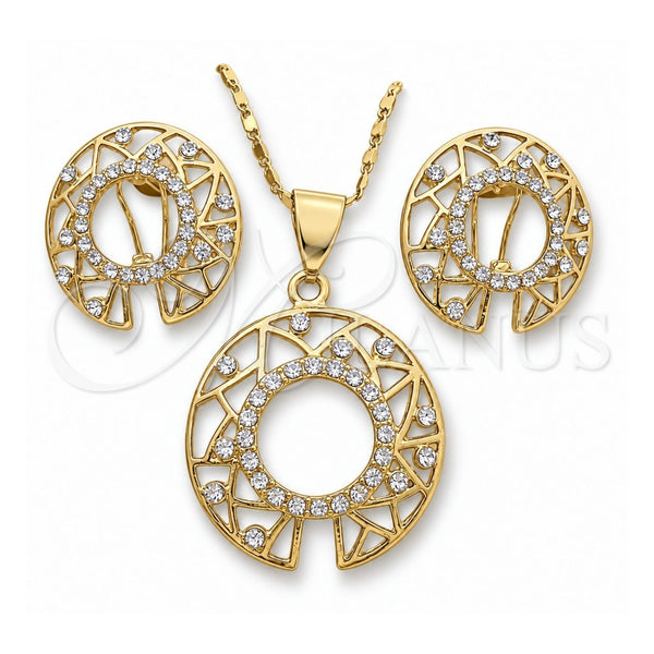 Oro Laminado Earring and Pendant Adult Set, Gold Filled Style with White Crystal, Polished, Golden Finish, 10.306.0002