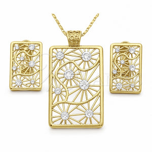 Oro Laminado Earring and Pendant Adult Set, Gold Filled Style with White Crystal, Polished, Golden Finish, 10.306.0008