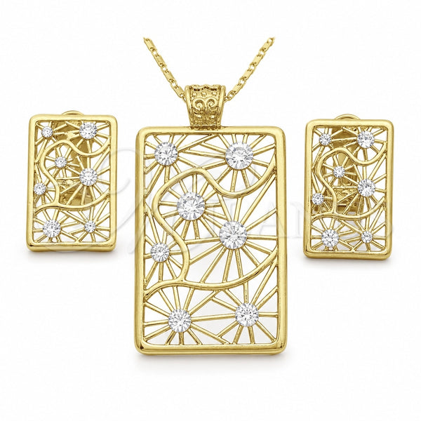 Oro Laminado Earring and Pendant Adult Set, Gold Filled Style with White Crystal, Polished, Golden Finish, 10.306.0008