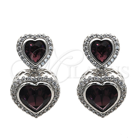 Rhodium Gold Filled Dangle Earring, Heart Design, with Amethyst Swarovski Crystals and White Cubic Zirconia, Polished, Rhodium Finish, 02.26.0169.1