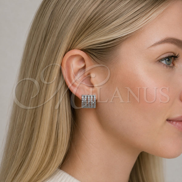 White Gold Filled Hoop Earrings — Huggie Hoop with White Cubic Zirconia Polished 02. — alternate product view — SKU 116585 | Oro Laminado Blanco aretes de aro — Huggie Hoop with blanco Cubic Zirconia pulido 02. — SKU 116585