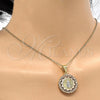 Oro Laminado Religious Pendant, Gold Filled Style Guadalupe and Heart Design, Polished, Tricolor, 05.253.0019