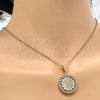 Oro Laminado Religious Pendant, Gold Filled Style Guadalupe and Heart Design, Polished, Tricolor, 05.253.0019