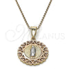 Oro Laminado Religious Pendant, Gold Filled Style Guadalupe and Heart Design, Polished, Tricolor, 05.253.0019
