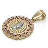 Oro Laminado Religious Pendant, Gold Filled Style Guadalupe and Heart Design, Polished, Tricolor, 05.253.0019