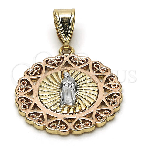 Oro Laminado Religious Pendant, Gold Filled Style Guadalupe and Heart Design, Polished, Tricolor, 05.253.0019