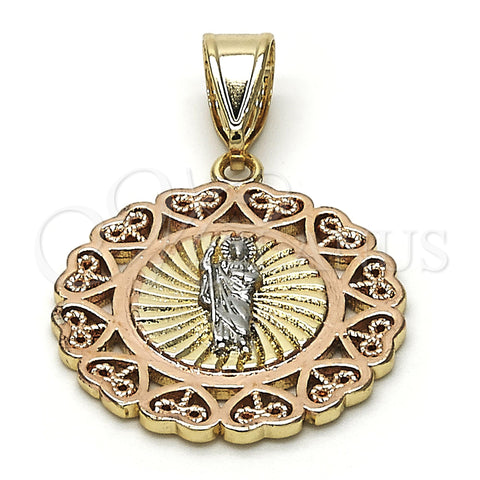 Oro Laminado Religious Pendant, Gold Filled Style San Judas and Heart Design, Polished, Tricolor, 05.253.0020