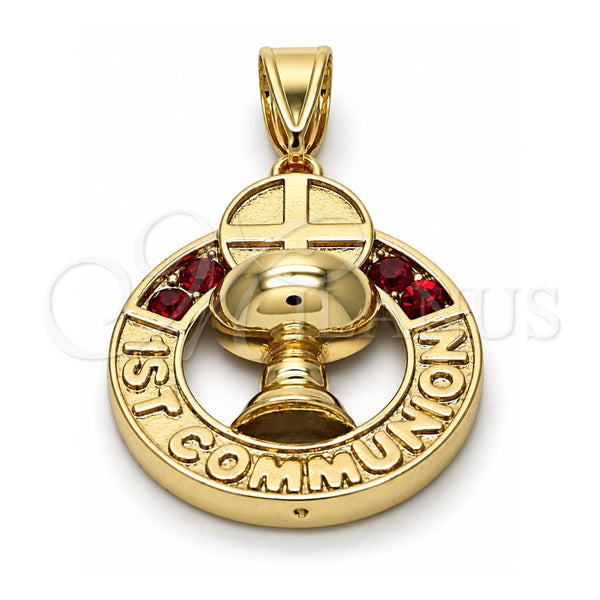 Oro Laminado Religious Pendant, Gold Filled Style Cross Design, with Garnet Crystal, Polished, Golden Finish, 05.253.0022