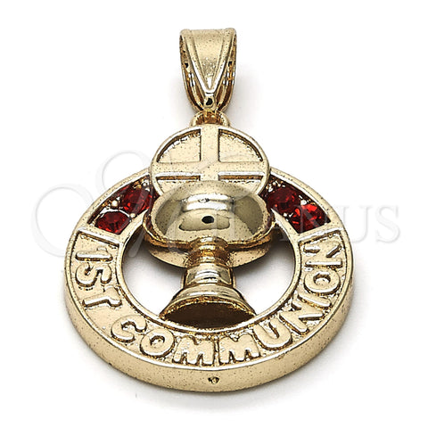 Oro Laminado Religious Pendant, Gold Filled Style Cross Design, with Garnet Crystal, Polished, Golden Finish, 05.253.0022