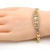 Oro Laminado Fancy Bracelet, Gold Filled Style Elephant and Owl Design, with Ruby Cubic Zirconia, Polished, Tricolor, 03.253.0019.08 (05 MM Thickness, 8 Inches Length)