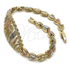 Oro Laminado Fancy Bracelet, Gold Filled Style Elephant and Owl Design, with Ruby Cubic Zirconia, Polished, Tricolor, 03.253.0019.08 (05 MM Thickness, 8 Inches Length)
