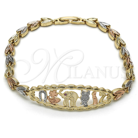Oro Laminado Fancy Bracelet, Gold Filled Style Elephant and Owl Design, with Ruby Cubic Zirconia, Polished, Tricolor, 03.253.0019.08 (05 MM Thickness, 8 Inches Length)