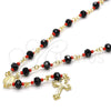 Oro Laminado Medium Rosary, Gold Filled Style Guadalupe and Crucifix Design, with Black and Orange Red Azavache, Polished, Golden Finish, 09.63.0109.1.18