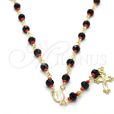 Oro Laminado Medium Rosary, Gold Filled Style Guadalupe and Crucifix Design, with Black and Orange Red Azavache, Polished, Golden Finish, 09.63.0109.1.18