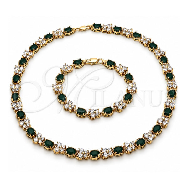 Oro Laminado Necklace and Bracelet, Gold Filled Style Butterfly Design, with Green and White Cubic Zirconia, Polished, Golden Finish, 06.284.0004.1