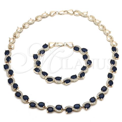 Oro Laminado Necklace and Bracelet, Gold Filled Style Heart Design, with Sapphire Blue and White Cubic Zirconia, Polished, Golden Finish, 06.284.0010.2