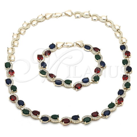 Oro Laminado Necklace and Bracelet, Gold Filled Style Heart Design, with Multicolor Cubic Zirconia, Polished, Golden Finish, 06.284.0010.4