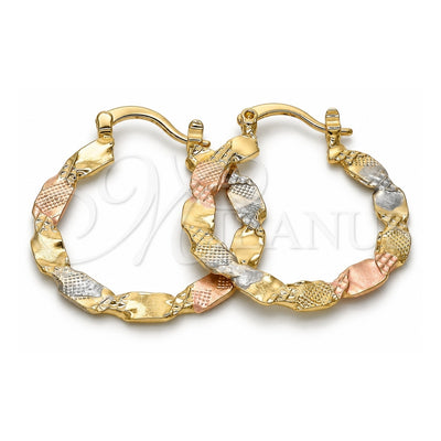 Oro Laminado Medium Hoop, Gold Filled Style Twist Design, Diamond Cutting Finish, Tricolor, 02.170.0190.30