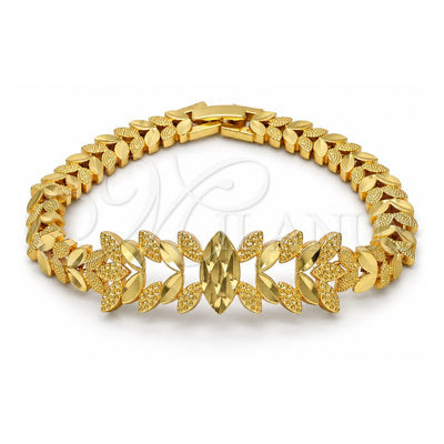 Oro Laminado Fancy Bracelet, Gold Filled Style Leaf Design, Diamond Cutting Finish, Golden Finish, 03.93.0002.07 (08 MM Thickness, 7 Inches Length)