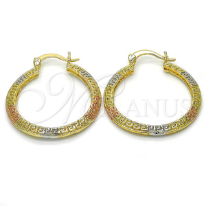 Gold Filled Hoop Earrings — Medium Hoop Greek Key Design Polished Tricolor 02. — main product view — SKU 116863 | Oro Laminado aretes de aro — Medium Hoop Greek Key diseño pulido Tricolor 02. — SKU 116863