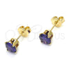 Oro Laminado Stud Earring, Gold Filled Style with Dark Violet Cubic Zirconia, Polished, Golden Finish, 5.128.044.2