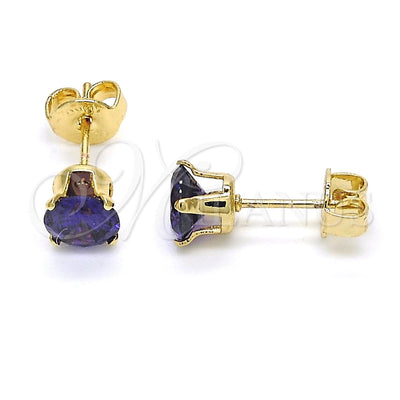 Oro Laminado Stud Earring, Gold Filled Style with Dark Violet Cubic Zirconia, Polished, Golden Finish for wholesale, main product view