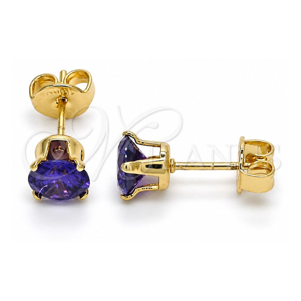 Oro Laminado Stud Earring, Gold Filled Style with Dark Violet Cubic Zirconia, Polished, Golden Finish, 5.128.044.2