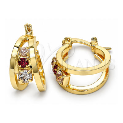 Oro Laminado Small Hoop, Gold Filled Style with Garnet and White Crystal, Polished, Golden Finish, 02.100.0064.15