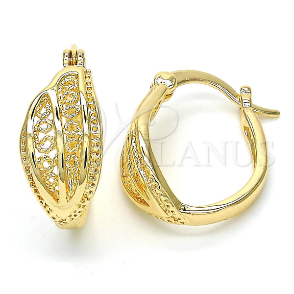 Gold Filled Hoop Earrings — Small Hoop Leaf Design Polished 02. — main product view — SKU 116996 | Oro Laminado aretes de aro — Small Hoop Leaf diseño pulido 02. — SKU 116996