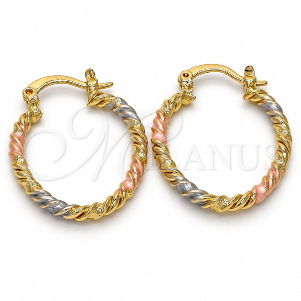 Oro Laminado Small Hoop, Gold Filled Style Twist Design, Polished, Tricolor, 02.170.0189.1.20
