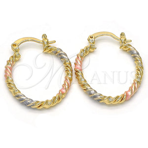 Gold Filled Hoop Earrings — Small Hoop Twist Design Polished Tricolor 02. — main product view — SKU 117012 | Oro Laminado aretes de aro — Small Hoop Twist diseño pulido Tricolor 02. — SKU 117012