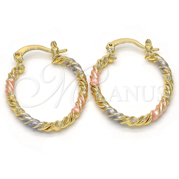 Gold Filled Hoop Earrings — Small Hoop Twist Design Polished Tricolor 02. — main product view — SKU 117012 | Oro Laminado aretes de aro — Small Hoop Twist diseño pulido Tricolor 02. — SKU 117012
