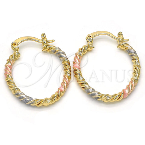 Oro Laminado Small Hoop, Gold Filled Style Twist Design, Polished, Tricolor, 02.170.0189.1.20