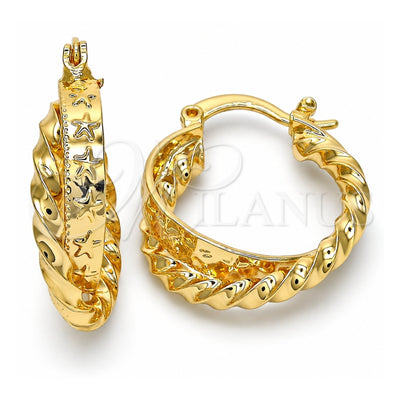 Oro Laminado Small Hoop, Gold Filled Style Twist and Star Design, Polished, Golden Finish, 02.170.0198.20