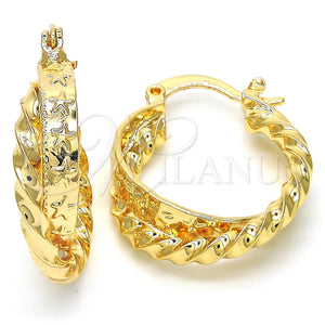 Gold Filled Hoop Earrings — Small Hoop Twist and Star Design Polished 02. — main product view — SKU 117014 | Oro Laminado aretes de aro — Small Hoop Twist and estrella diseño pulido 02. — SKU 117014