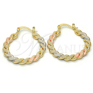 Gold Filled Hoop Earrings — Medium Hoop Twist Design Polished Tricolor 02. — main product view — SKU 117015 | Oro Laminado aretes de aro — Medium Hoop Twist diseño pulido Tricolor 02. — SKU 117015
