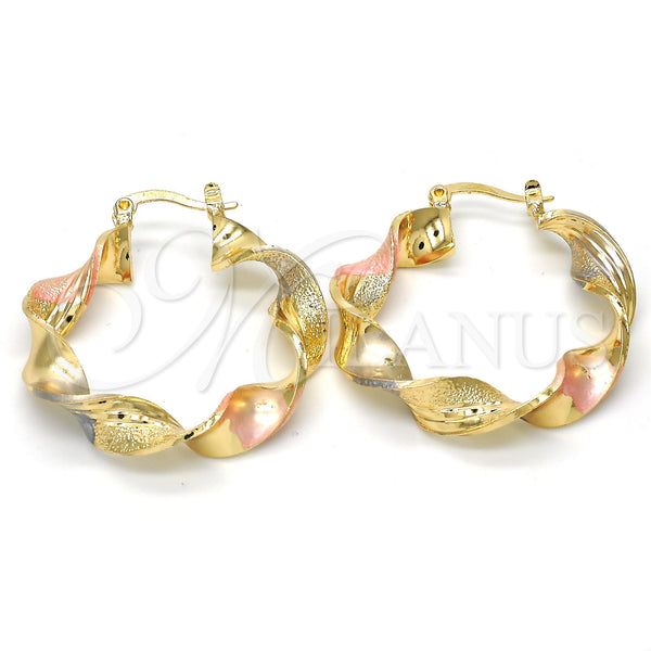 Gold Filled Hoop Earrings — Medium Hoop Twist Design Matte Tricolor 02. — main product view — SKU 117017 | Oro Laminado aretes de aro — Medium Hoop Twist diseño Matte Tricolor 02. — SKU 117017