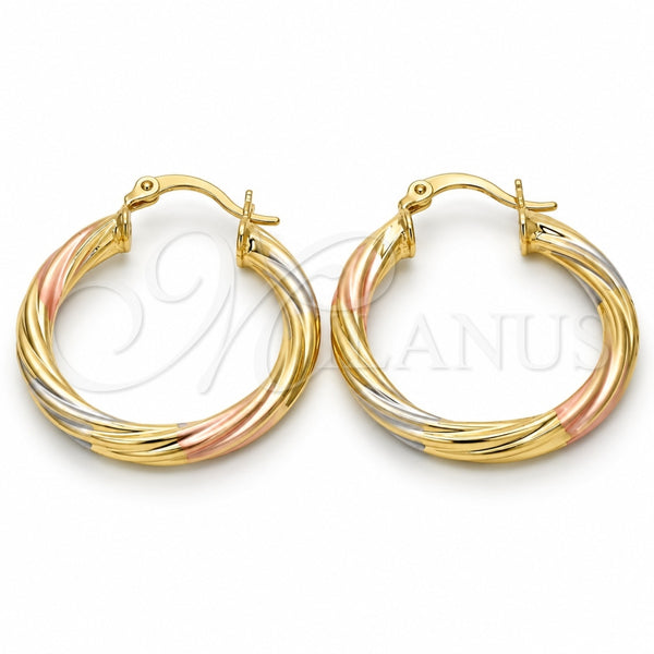 Oro Laminado Medium Hoop, Gold Filled Style Hollow Design, Diamond Cutting Finish, Tricolor, 02.170.0201.1.30