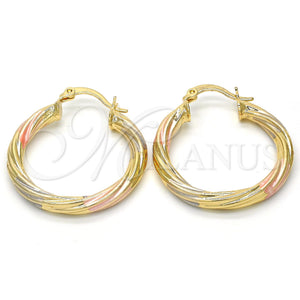 Gold Filled Hoop Earrings — Medium Hoop Hollow Design Diamond Cutting Tricolor 02. — main product view — SKU 117019 | Oro Laminado aretes de aro — Medium Hoop Hollow diseño Diamond Cutting Tricolor 02. — SKU 117019